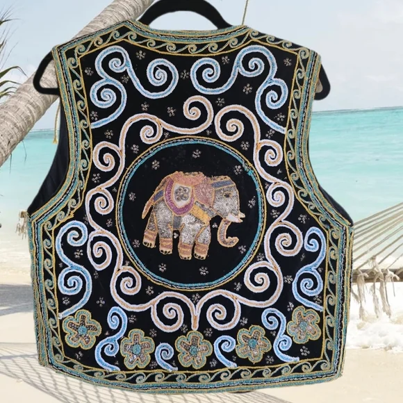 Vintage Carol Horn Workshop 🐘 Elephant 🐘 Vest Embellished Beads Sequins Ethnic - Picture 2 of 6